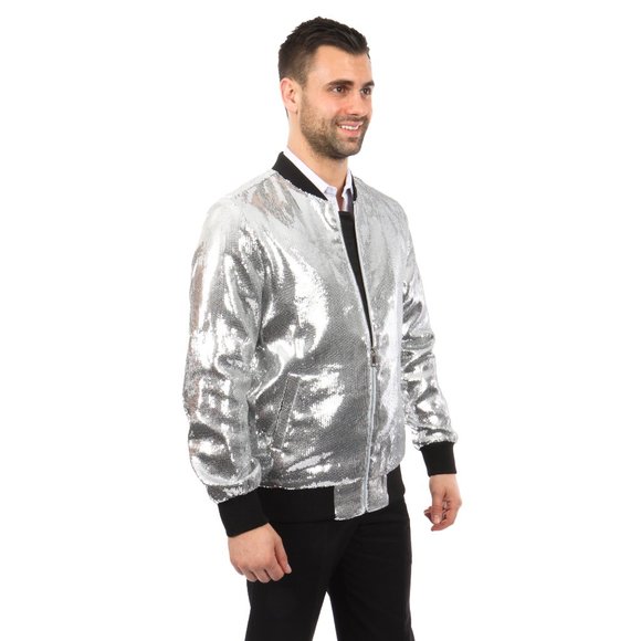 UNISEX, Men's SIZE Solid Sequin Slim-Fit Bomber Jacket, Silver - Picture 3 of 6